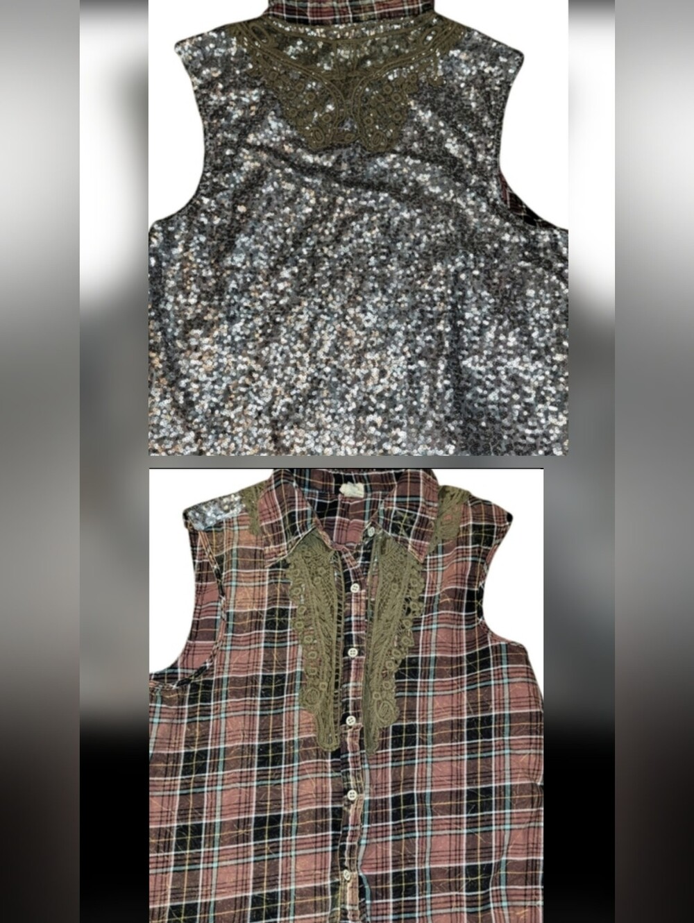 gimmicks by BKE Country Western Sleeveless Plaid Lace Sequined Back Top sz S